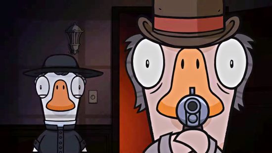 A duck in a top hat aims a revolver at the viewer, his eyes wide in terror, as another goose hovers just over his shoulder.