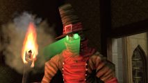Gloomwood update: a man in a red and black robe with a tall hat, green glowing goggles holding a torch