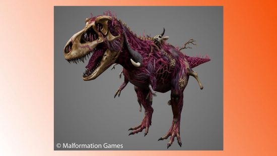 A skeletal dinosaur, covered in purple flesh with hands, heads and other things protruding from it. 
