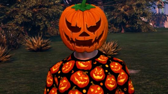 GTA Online Halloween event - A player wearing a Jack O' Lantern head and t-shirt.