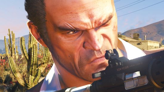 GTA 6 Metacritic: A balding man with an assault rifle, Trevor Philips from Rockstar sandbox game Grand Theft Auto 5