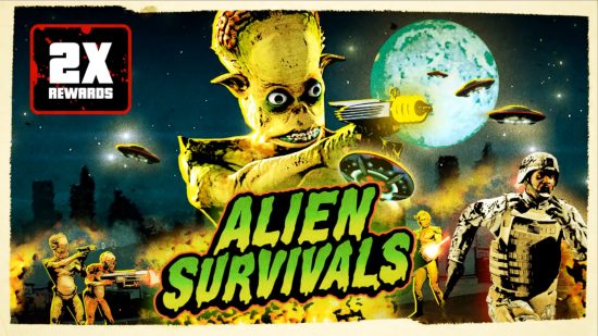 GTA Online – Poster für „Alien Survivals“ mit einer gelbhäutigen Kreatur, die einen futuristischen Blaster hält.