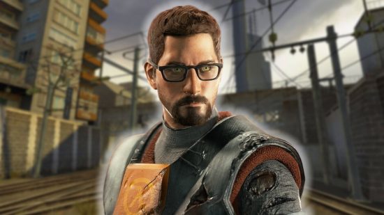 Half-Life 2 RTX interview: a man in orange and black armor with short brown hair and glasses