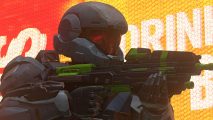 Halo Infinite battle royale fan made: a space soldier in grey armor holding a futuristic assault rifle