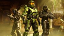 Halo Infinite Season 5 Mark V: classic Master Chief in his green armor, with two ODST troopers behind him on either side