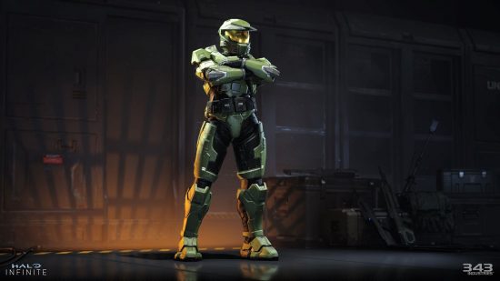 Halo Infinite Season 5 Mark V: the Mark V green Spartan armor in a dimly lit hangar of some sort