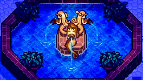 New Haunted Chocolatier screenshots from Stardew Valley creator - A fountain featuring statues of three mermaids pouring water from jugs.