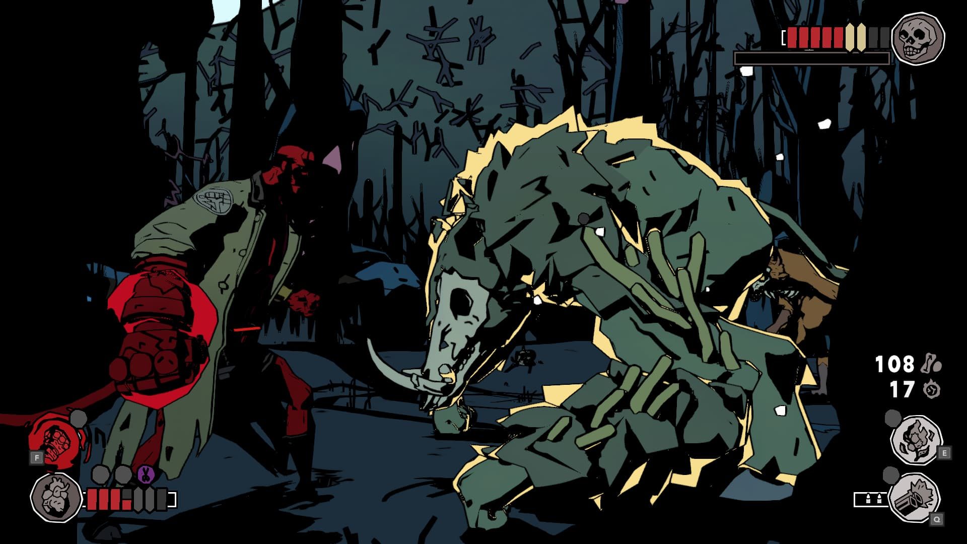Hellboy Web of Wyrd review: Hellboy, in profile, facing a hunched monster with and exposed skull and bony tusks.