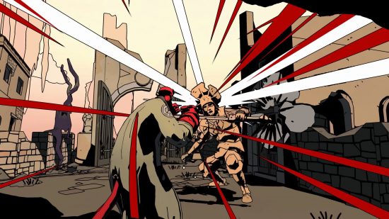 Hellboy Web of Wyrd review: Hellboy standing with his fists raised as a living statue attacks him.