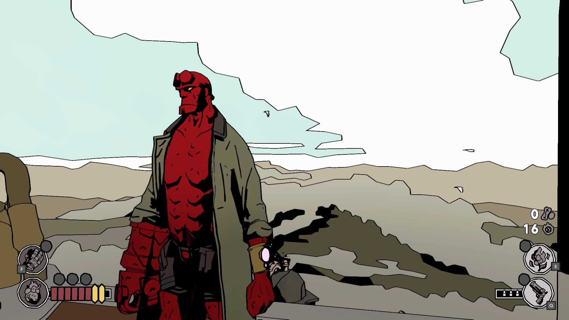 Hellboy Web of Wyrd review: Hellboy standing on a bridge with his back facing a cloudy horizon.