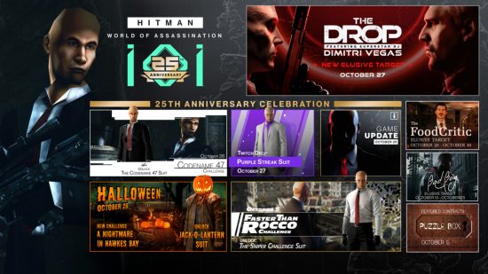 Hitman World of Assassination - Graphic showing 25th anniversary celebration events, including a new Elusive Target and an update on October 26, 2023.