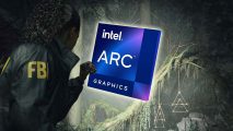 An image of the Intel Arc A-Series logo within the world of Alan Wake 2.