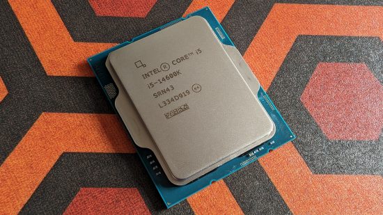 The Intel Core i5 14600K against a red-black-orange patterned background