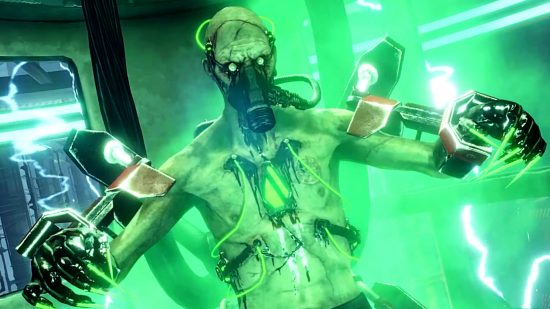 Killing Floor 2 Last Hans Standing - A shirtless figure with a mask over its face is wired up in a chamber filled with green smog.