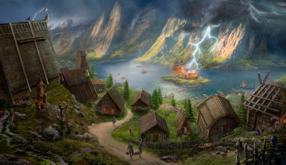 A bustling village from Steam Survival game Land of the Vikings.
