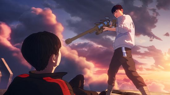 An animated scene of a boy in white holding a sniper rifle to a boy in black with red trims who is sitting on the ground's head