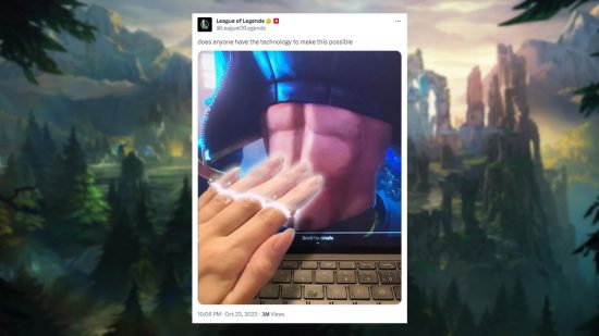 An image of a Tweet from the League of Legends Twitter account showing a hand phasing through a computer screen to touch a set of abs