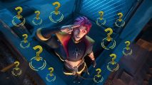 League of Legends is losing its identity, and Heartsteel proves it: A man with pink short hair looking up at a camera on top of a building surrounded by golden question marks