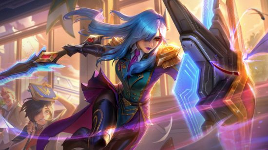 Help Riot create a new League of Legends item, but do it quick: A young woman with long blue hair and red eyes rushes holding a huge shield and glowing blue sword as young boy cowers in the background