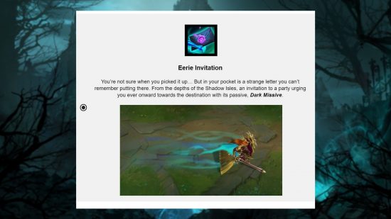 A screenshot of a Riot Games poll showing an armored woman with a huge shield and sword running with a trail of blue-green mist in a green area, and effect of an item called 'Eerie Invitation' 