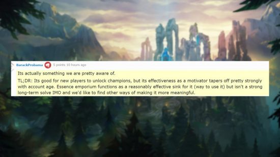 A reddit comment from Riot developer 'Barackprobama' on the state of Blue Essence in LoL