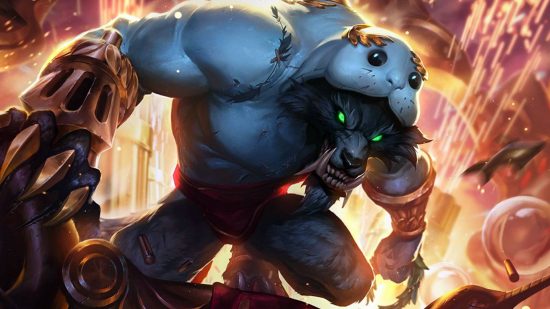 Your 100k League of Legends Blue Essence may just be worth hoarding: A werewolf with glowing green eyes wearing a manatee onesie glares into the camera