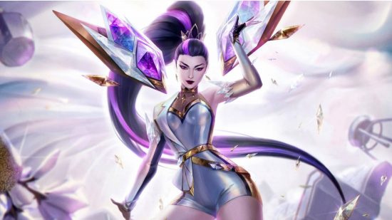 We're one step from League of Legends KDA bath water, I'm afraid: A pretty woman with black and purple hair tied back wearing a silver jumpsuit with golden trims with crystalline bodies around her stares into the camera on a pink background