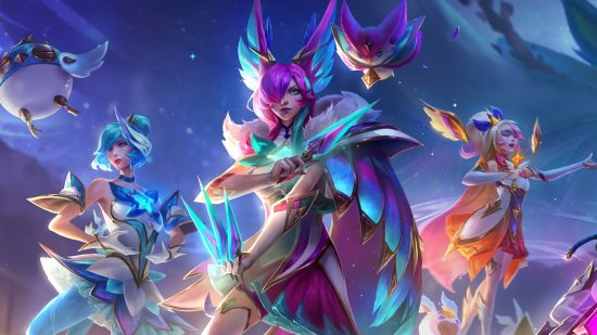 A pretty woman with pink hair and huge rabbit-like ears with a cloak made of feathers stands with glowing blue daggers in her hands with a small flying creature on her shoulder