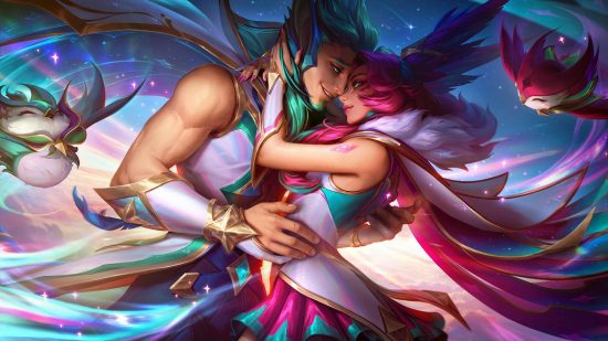 A muscular man wearing a white sleeveless jacket with blue hair places his hands on a pink-haired girl with huge furry ears' waist as they look lovingly into each other's eyes