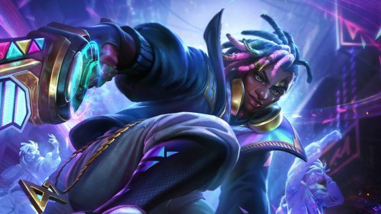 There's a new $200 League of Legends chroma, and there might be more: A black man with pink dreadlocks crouches holding a huge ax-like sword in a neon background