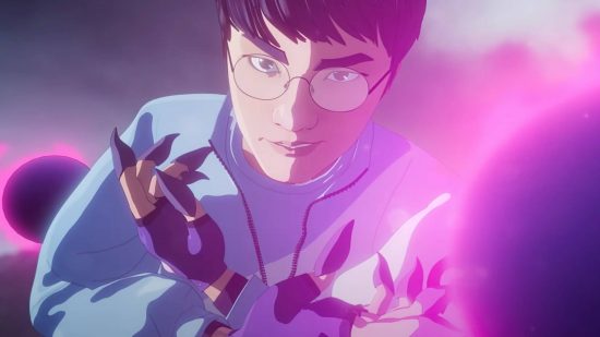 A anime Asian man with round glasses with clawed purple gloves conjures purple energy around him