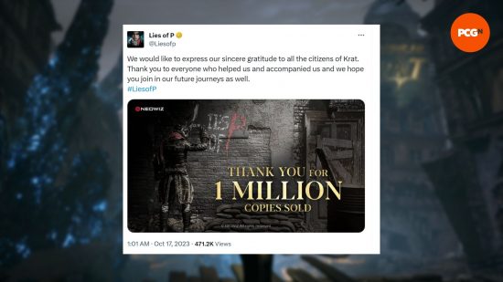 Lies of P one million sales: a tweet on Lies of P sales