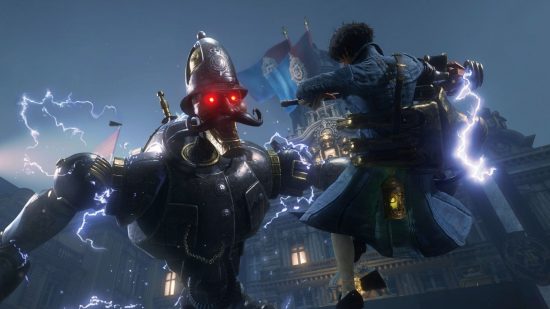 Lies of P one million sales: a robot cop holding a man in a blue coat