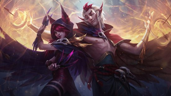 Best lol champions: two humanoids with bird-like ears, one holding feathers as if they were knives.