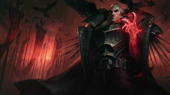 Best lol champions: a greay haired man dressed in a black cloak with crows flocking around him.