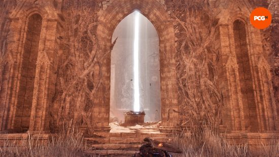 One of the Lords of the Fallen beacons is in a chapel-like building. The lampbearer is just in shot, but on the ground.