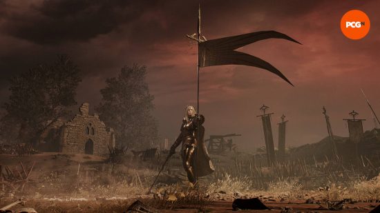 A woman in shining armor holding a flag and a sword, is one of the toughest Lords of the Fallen bosses in the game.