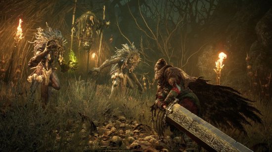 Lords of the Fallen CI Games releases: a man with a big sword fighting two swamp creatures