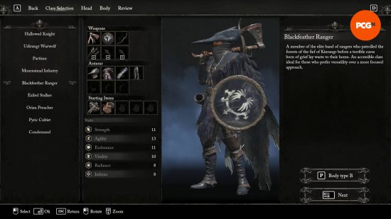 The Lords of the Fallen Blackfeather Ranger in the character creation menu.