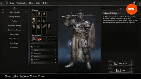 The Lords of the Fallen Hallowed Knight in the character creation menu.