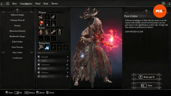 The Lords of the Fallen Pyric Cultist in the character creation menu.