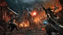 Two lantern-bearers, playing in Lords of the Fallen crossplay, are about to attack a skeletal wizard conjuring a fireball with zombies approaching from the flames behind him.