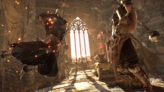 Lords of the Fallen crossplay: Two knights are attempting to attack each other with heavy blows next to a window.