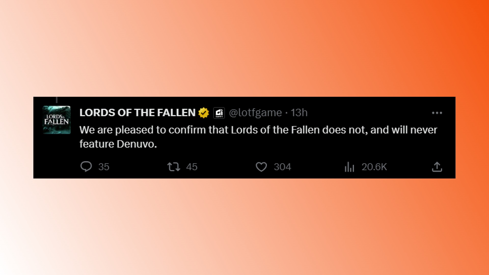 Lords of the Fallen Denuvo: A tweet from RPG game developer Hexworks regarding Denuvo in Lords of the Fallen