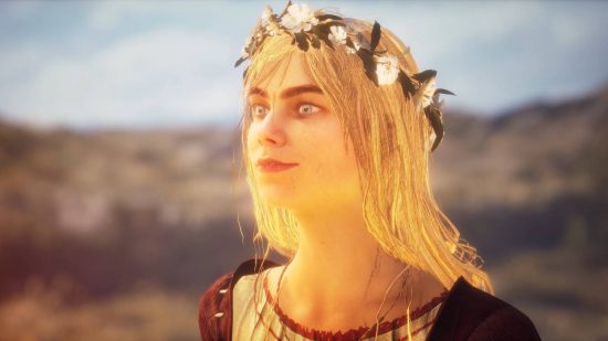 A women wearing a flower crown in the middle of a lush field., which is part of one of the Lords of the Fallen endings.