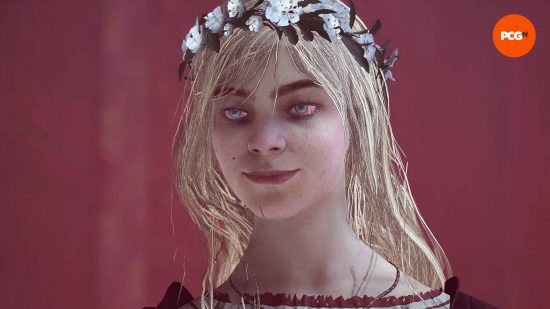 A girl with a flower wreath with slightly bloodshot eyes is part of one of the Lords of the Fallen endings.