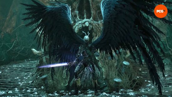 A faceless angel with black wings is a unique boss found during the Umbral Lords of the Fallen endings.