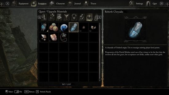 The player’s inventory is shown highlighting the Rebirth Chrysalis respec item.