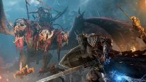 Lords of the Fallen NG+ improvements: a soldier in armor getting ready to fight a three headed dragon and its rider with a sword