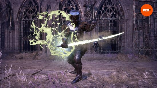 The lampbearer is enchanting his sword with poison by using the Charm of Fortune's Sight, one of the best Lords of the Fallen weapons for magic users.